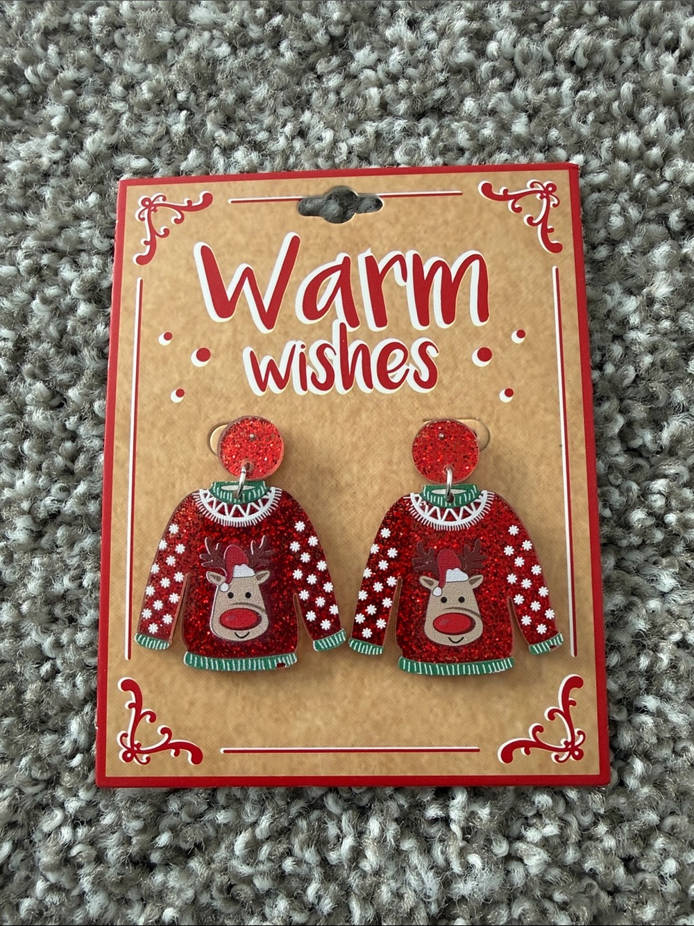 New Red Holiday Reindeer Sweater Earrings - acrylic